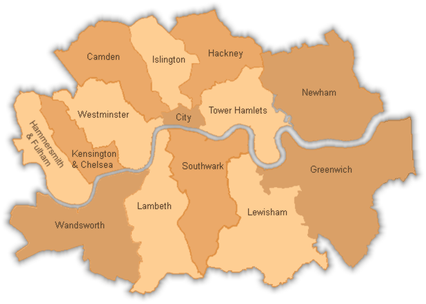 Inner London boroughs massage area map.